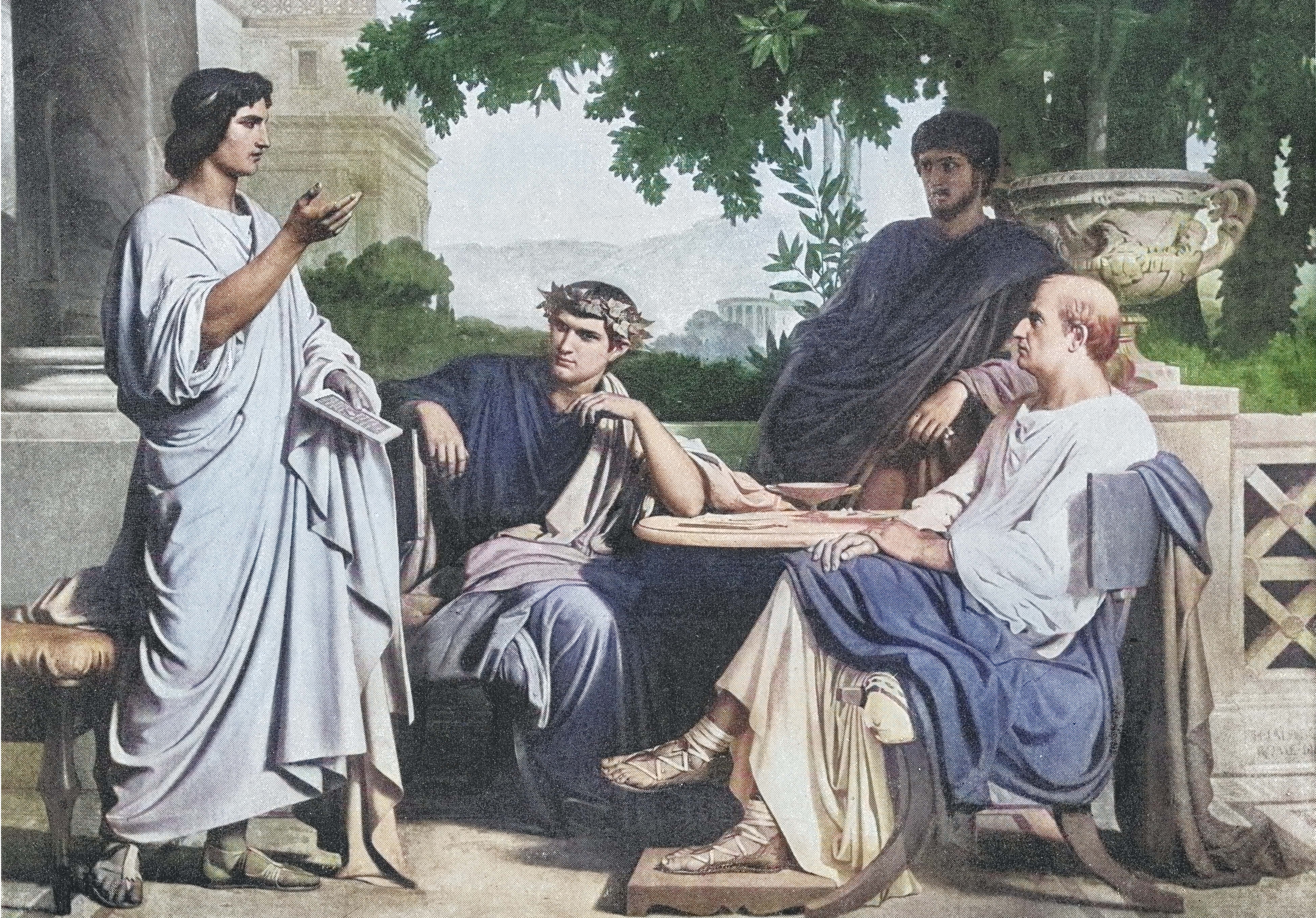Engraved illustration of Virgil, Horace and Varius at the house of Maecenas (mikroman6/Moment via Getty Images)