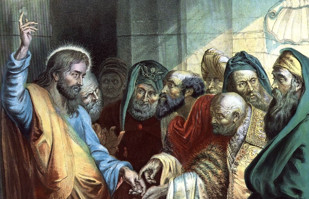 Jesus tells the Pharisees and Herodians to 'render therefore unto Caesar the things that are Caesar's'. Mark, chapter 12. (Photo by Edward Gooch Collection/Getty Images)