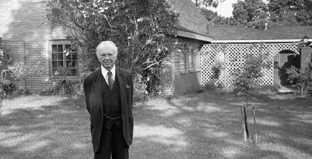 Russell Kirk is pictured outside his library, where he wrote and held seminars. The library is now part of the current Russell Kirk Center in Mecosta, Michigan. (