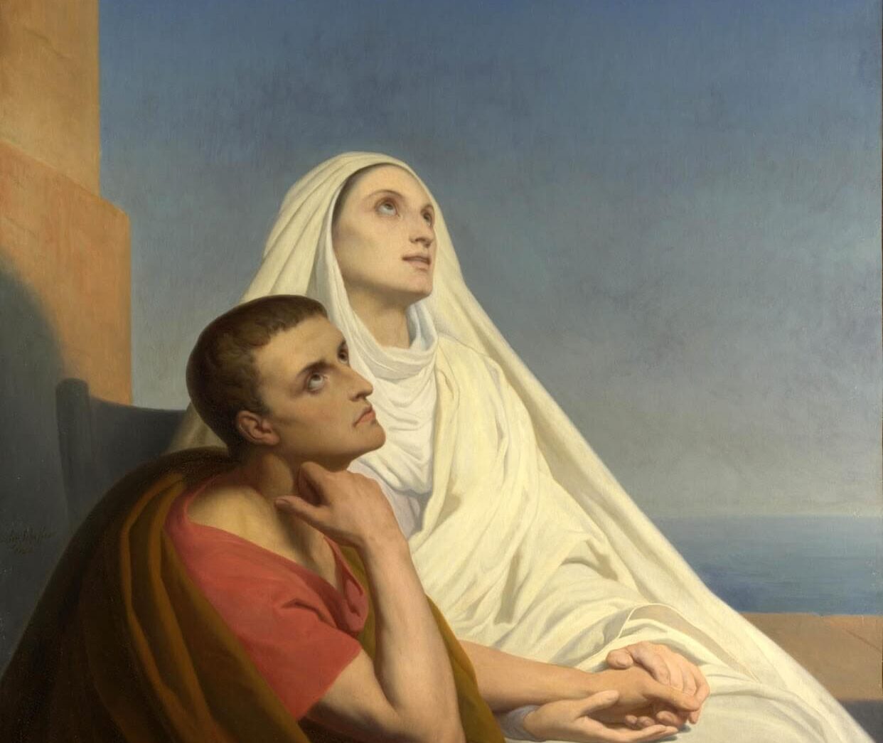 A painting of a young man and woman in all white