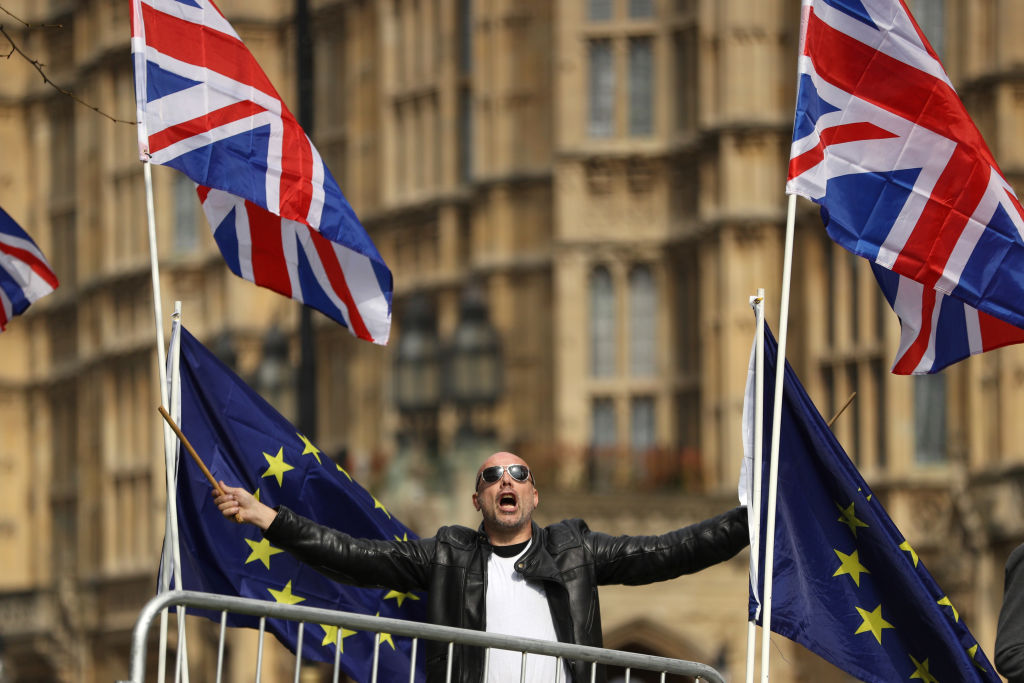 Anti-Brexit supporter campaigns outside of the Houses of Parliament on March 28, 2019 in London, England (Dan Kitwood/Getty Images)