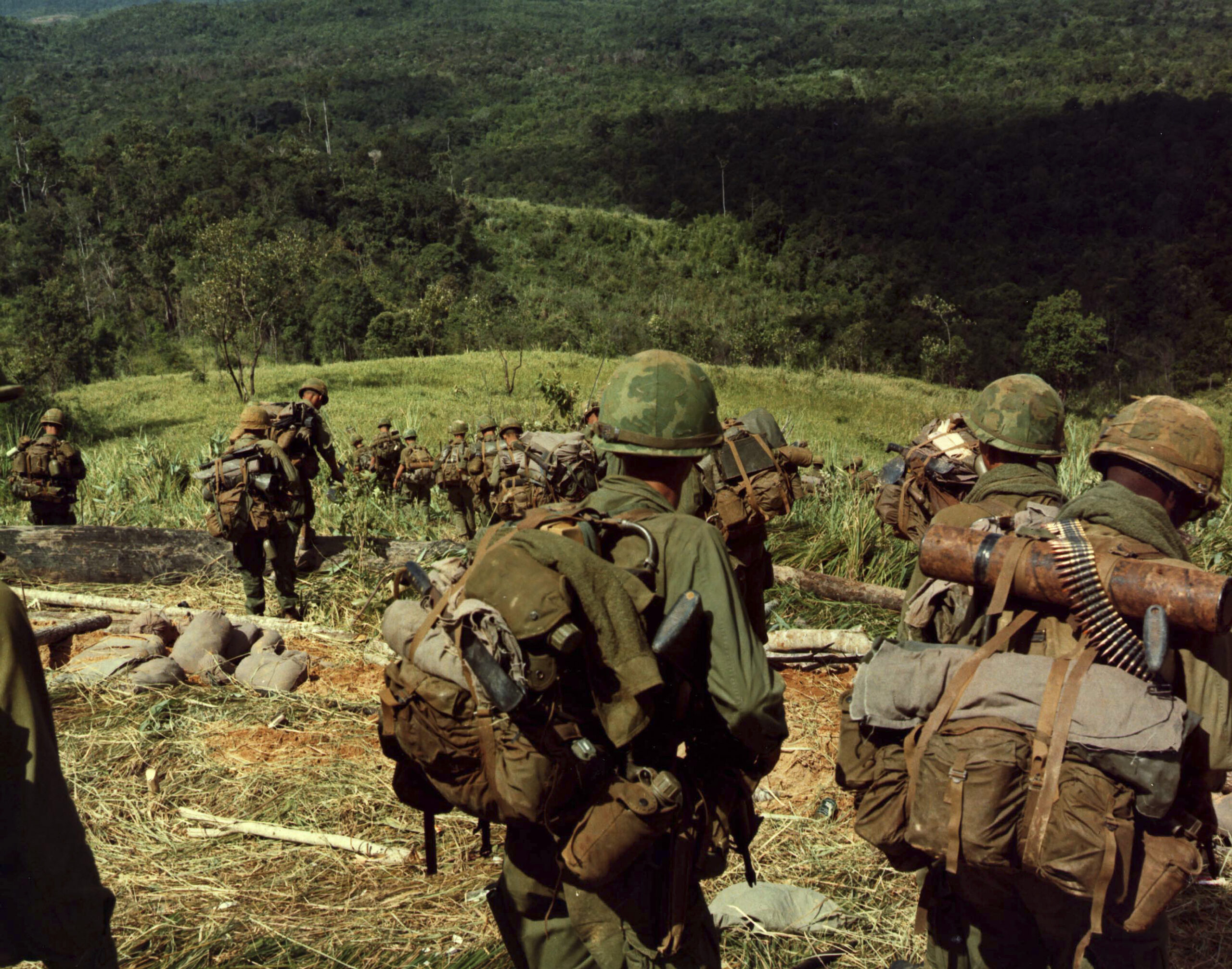 November 14-17, 1967 - Soldiers descend the side of Hill 742, located five miles northwest of Dak To, Vietnam. (Stocktrek Images/Getty Images)