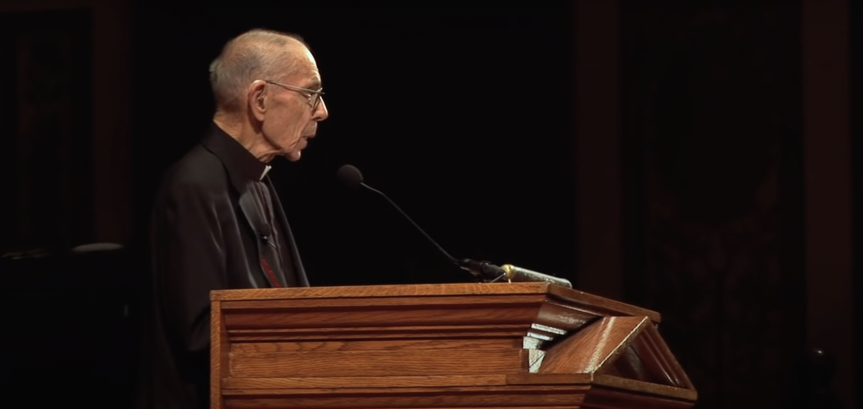 Father James V. Schall delivering his final lecture in 2012 before retiring from Georgetown (Youtube screenshot)