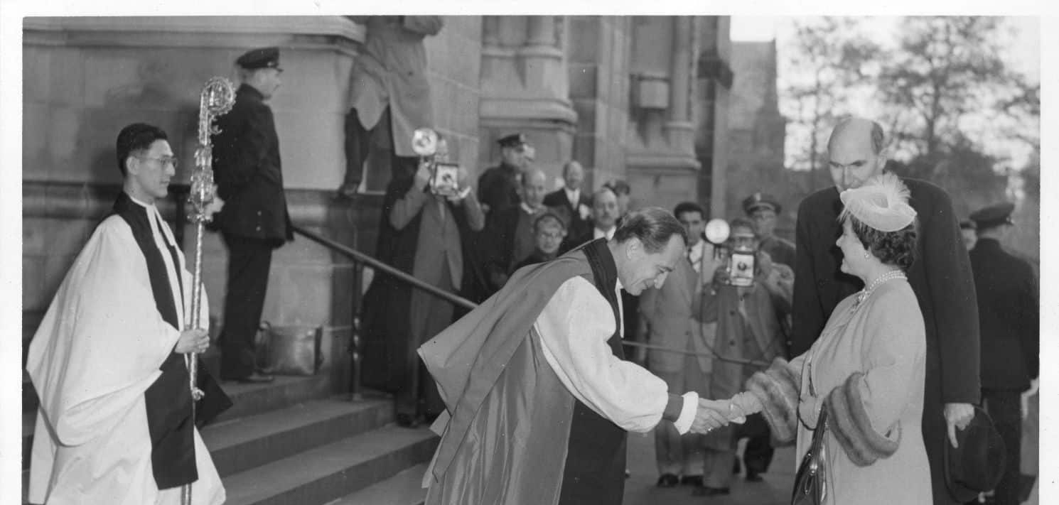 Bishop Horace W. B. Donegan greets the Queen Mother at the Cathedral Church of St. John the Divine, New York City, October 31, 1954 (Archives of the Cathedral of St. John the Divine)
