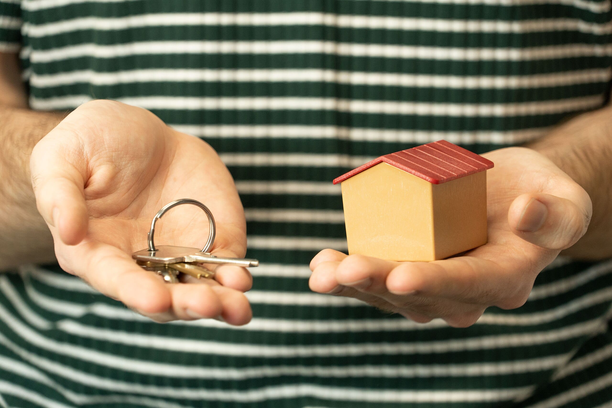 Man holding house keys and house figurine in piece about plutocracy (https://www.alanharder.ca/; Wikimedia Commons)