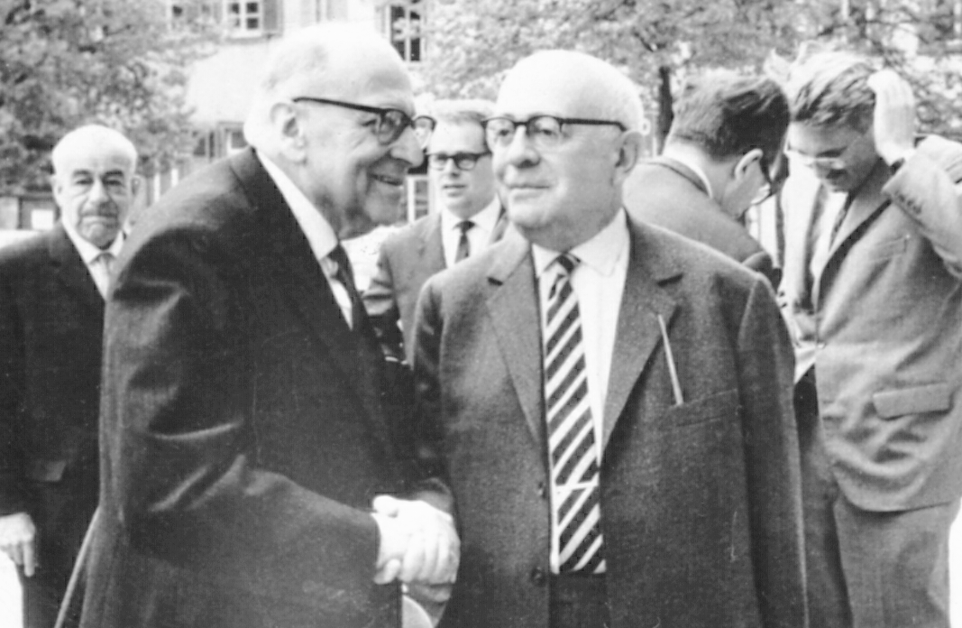 Max Horkheimer (left) and Theodor Adorno at the Max Weber Institute of Sociology, April 1964 (Jeremy J. Shapiro/Wikimedia Commons)