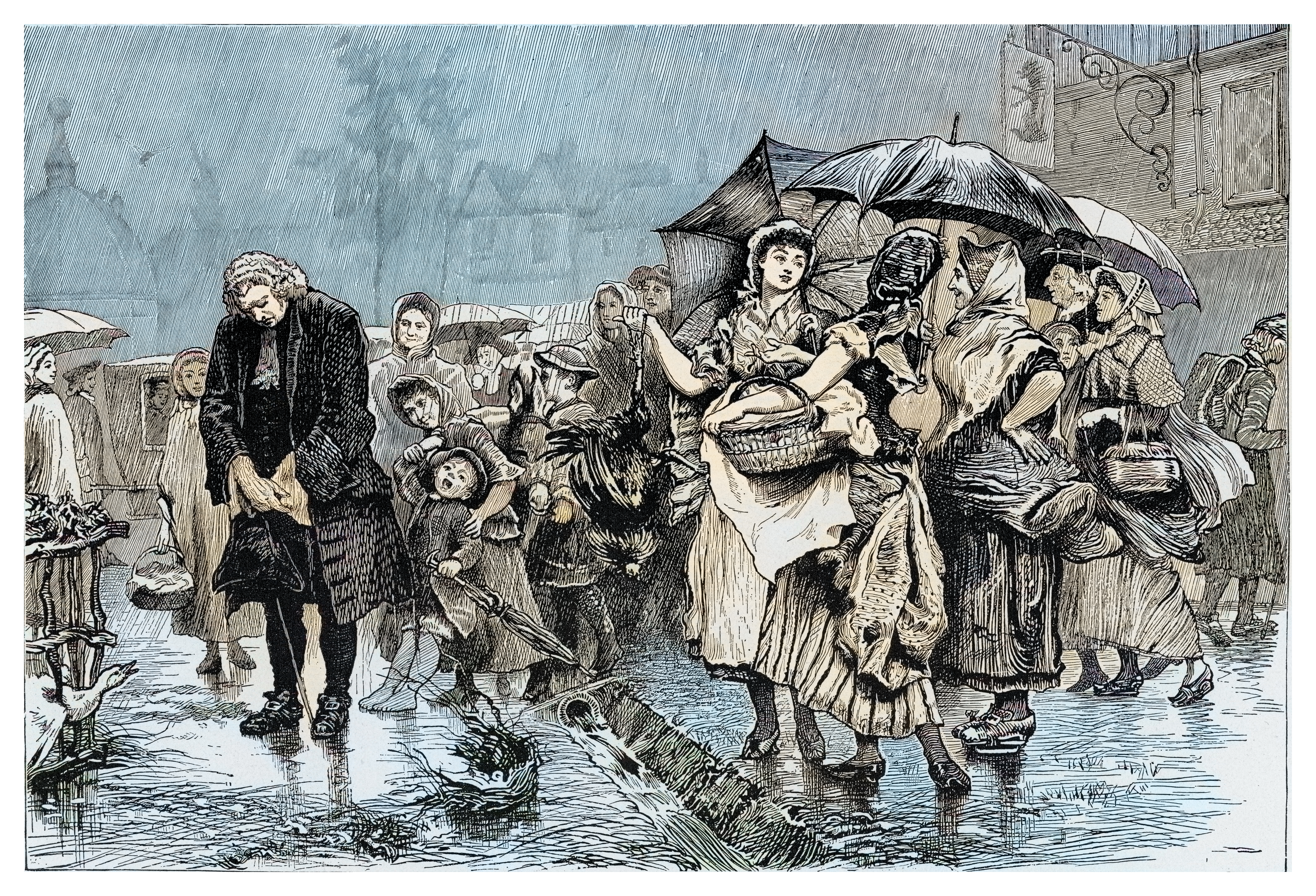 Old engraved illustration of Dr. Samuel Johnson standing in the rain for an hour in Uttoxeter market-place in penance