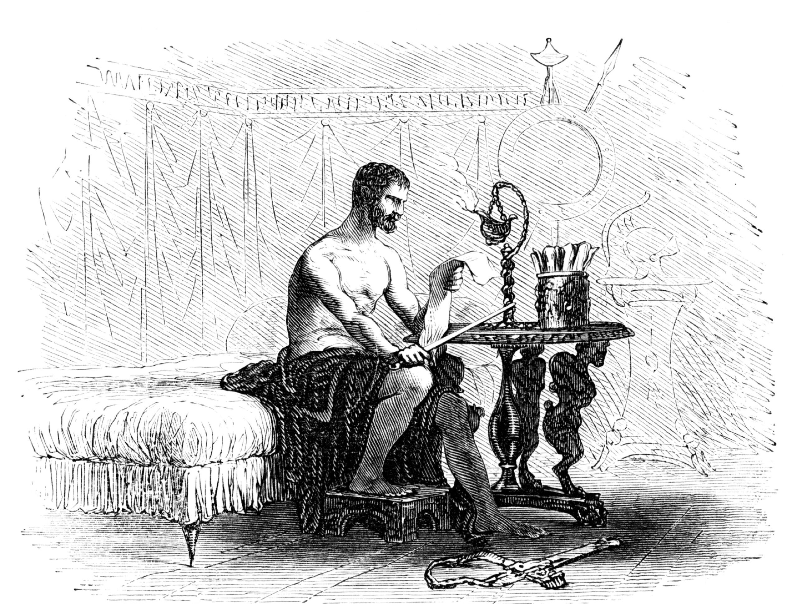 1846 illustration of Cato contemplating suicide (Christine_Kohler/Getty Images)