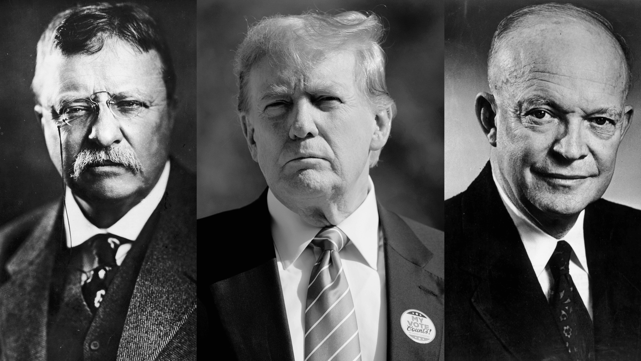 Left: Theodore Roosevelt ca. 1950 (Hulton Archive/Stringer via Getty Images); middle: Donald Trump, March 19, 2024 (Joe Raedle via Getty Images); right: Dwight Eisenhower ca. 1955 (Hulton Archive/Stringer via Getty Images)