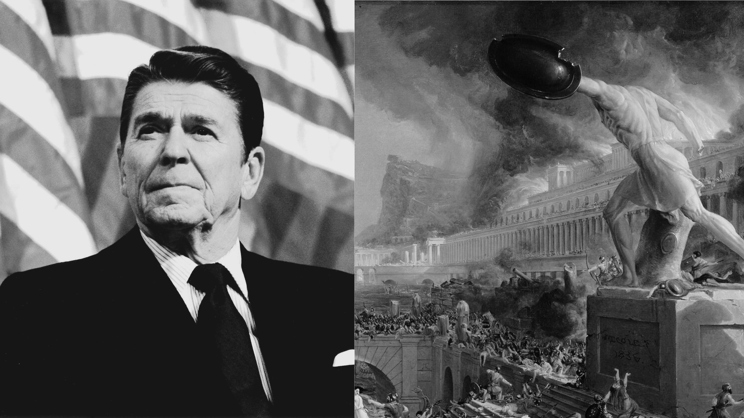 Left: Ronald Reagan in 1982 (Getty Images/Handout); right: Thomas Cole, The Course of Empire: Destruction (New-York Historical Society/Wikimedia Commons)