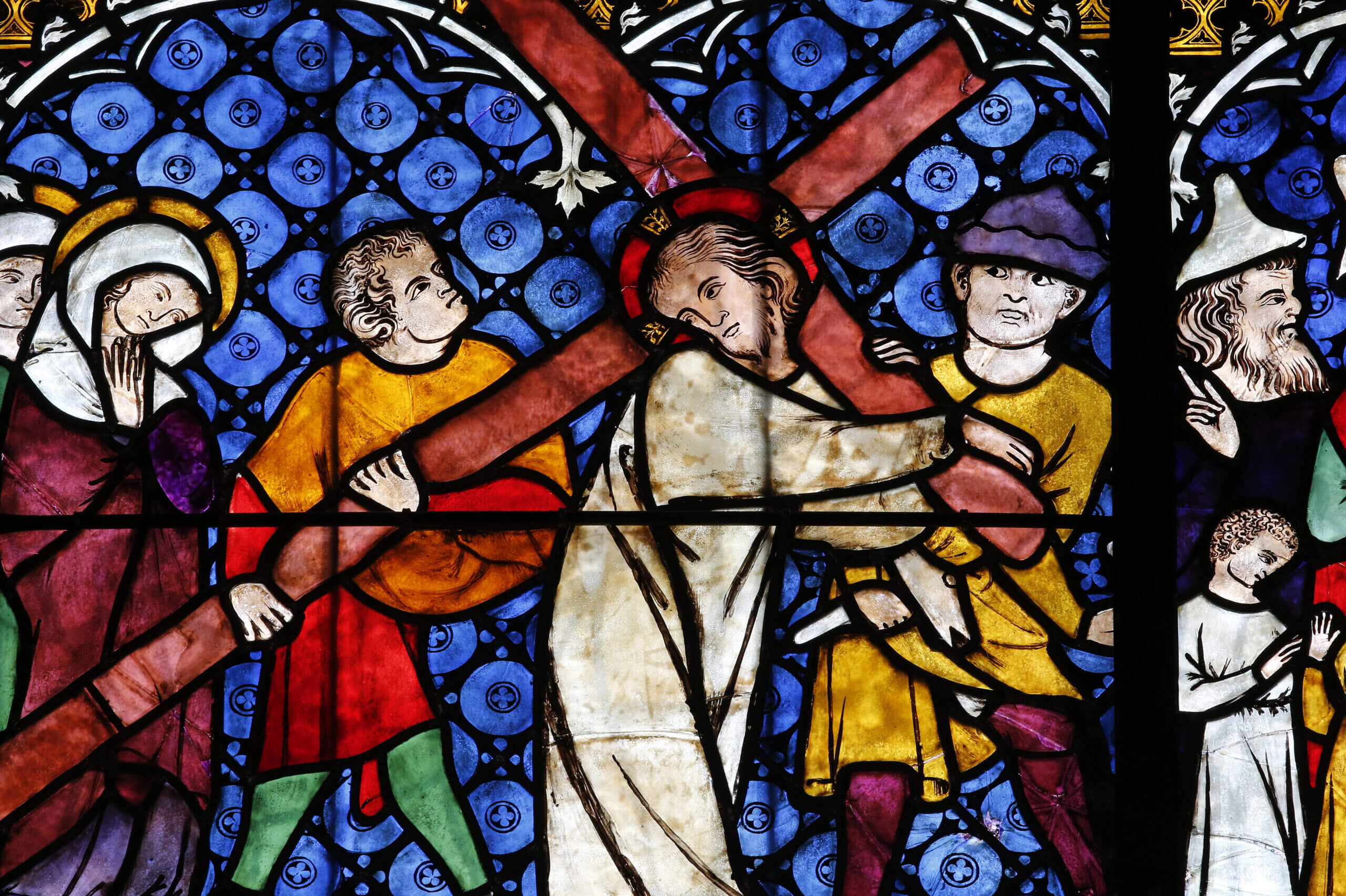 Stained glass of Jesus carrying his cross at Our Lady of Strasbourg Cathedral (Fred De Noyelle/Stone via Getty Images)