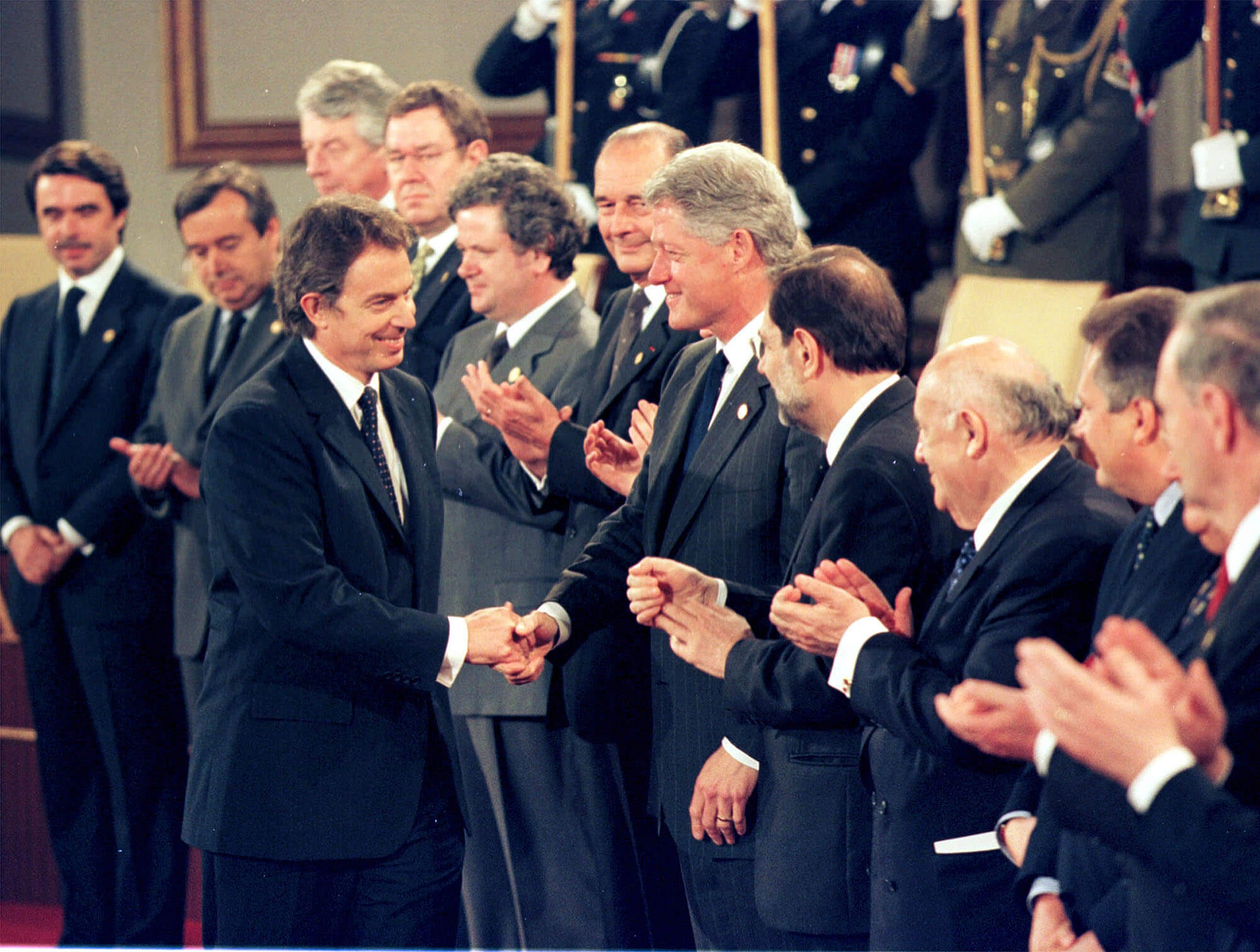 British Prime Minister Tony Blair Shakes Hands With President Bill Clinton At The Commerative Ceremony Of Nato's 50Th Anniversary April 23, 1999 (Pool/Hulton Archive via Getty Images)