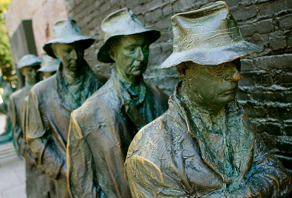 WASHINGTON - OCTOBER 21: Life size bronze statues depicting men standing in a line during the great depression at the Franklin Delano Roosevelt Memorial October 21, 2008 in Washington, DC. Parts of the memorial depict the great depression which occurred at the beginning of the four terms of Franklin Delano Roosevelt's administration. (Photo by Mark Wilson/Getty Images)