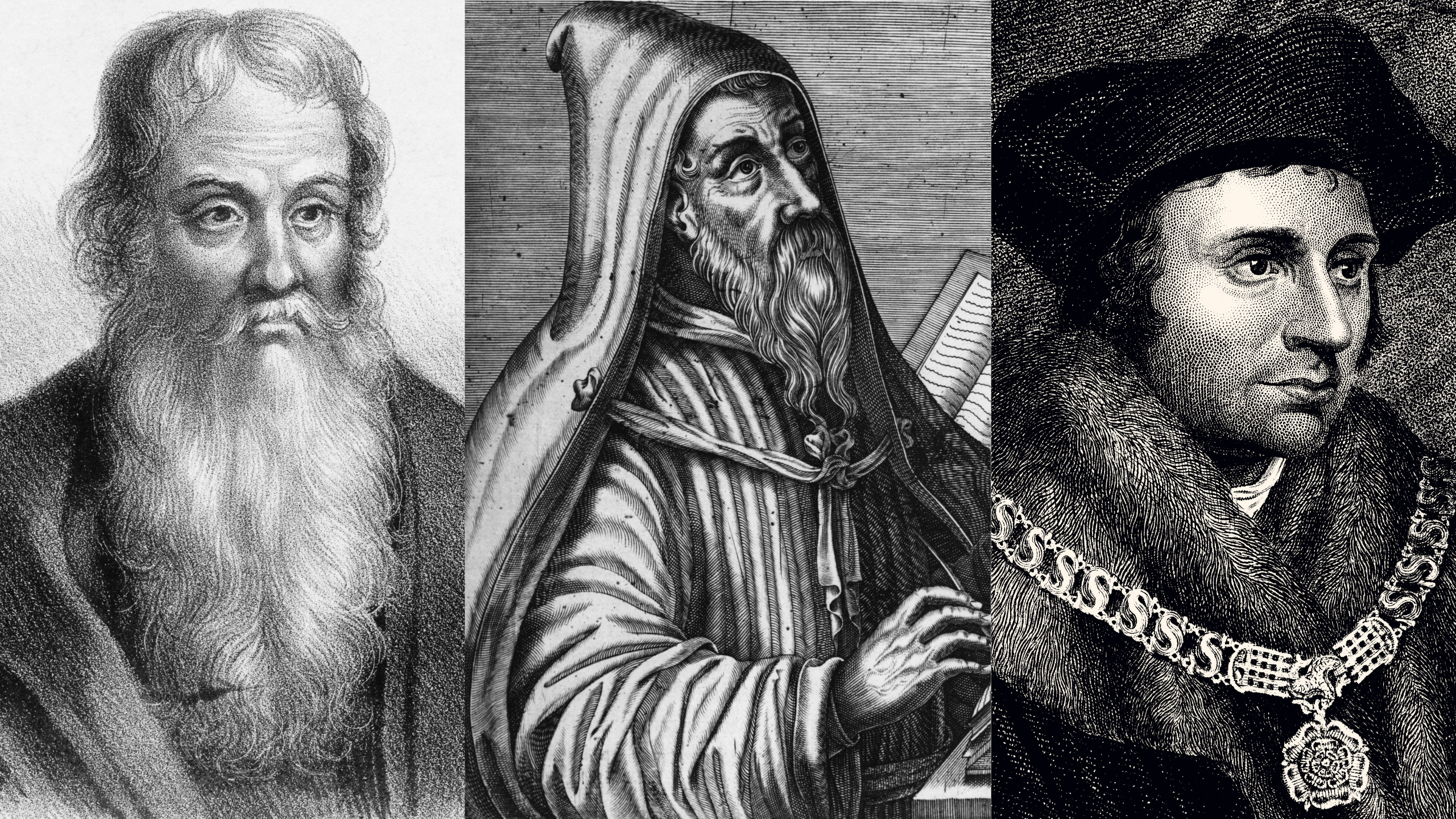 Left: Eusebius ca. 330 A.D.; middle: Augustine ca. 415 A.D.; right: Thomas More ca. 1530 (Kean Collection/Staff; Hulton Archive/Handout; pictore/DigitalVision Vectors via Getty Images)