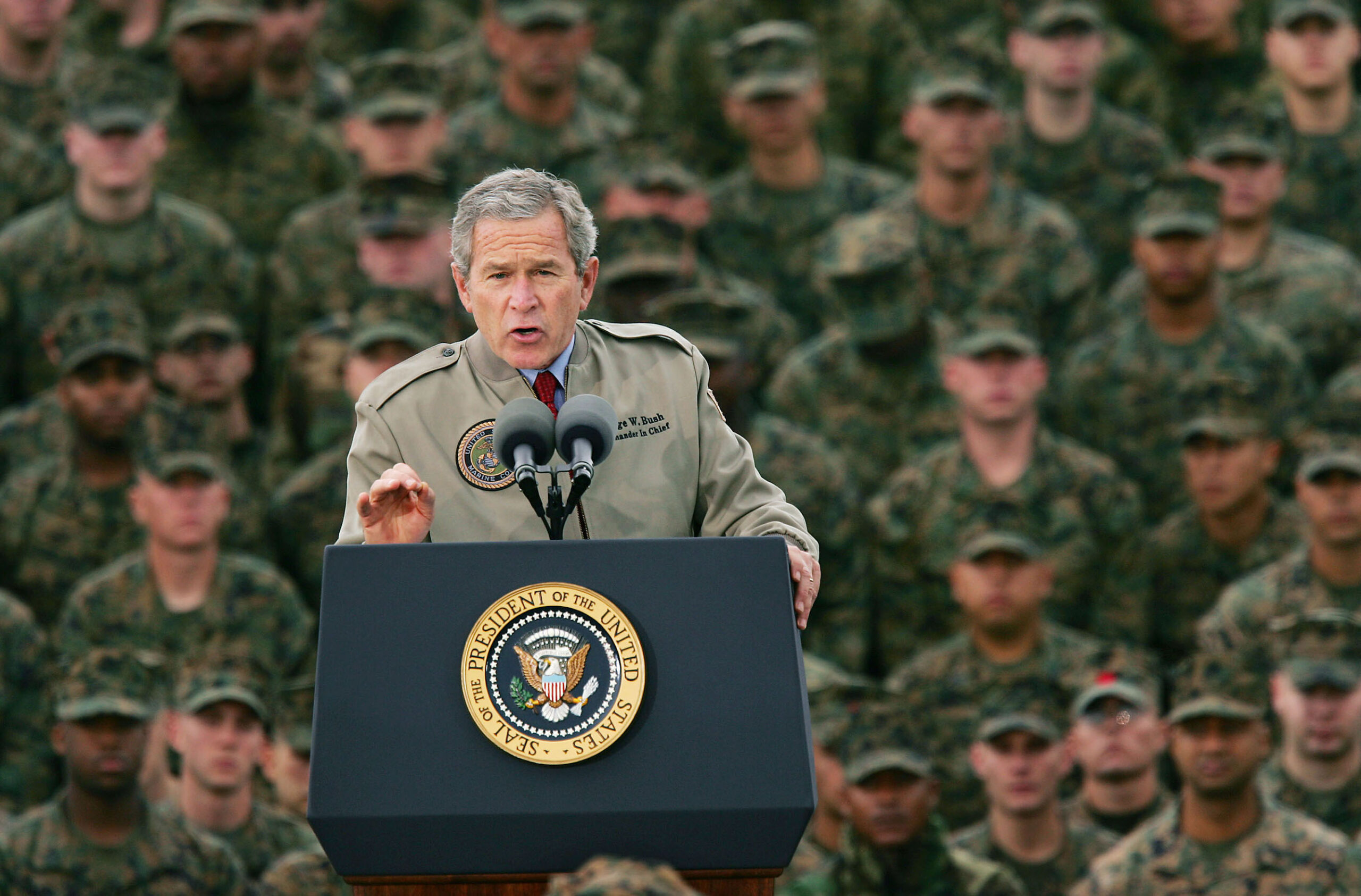 President George W. Bush speaks to Marines on the anniversary of the attack on Pearl Harbor, December 7, 2004, Camp Pendleton, California