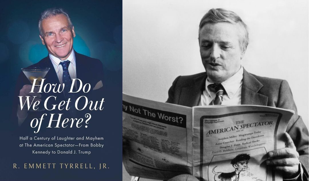 Left: How Do We Get Out of Here? book cover; right: William F. Buckley Jr. reads The American Spectator (The American Spectator Foundation)