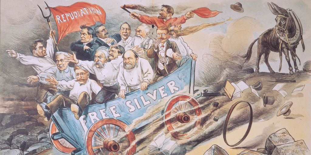 Political cartoon by C. Jay Taylor with the caption 'A Down-Hill Movement.' The cartoon depicts Free Silverites Ben Tillman, William Jennings Bryan, and John P. Altgeld heading for destruction. USA, circa 1896. (Fotosearch/Getty Images)
