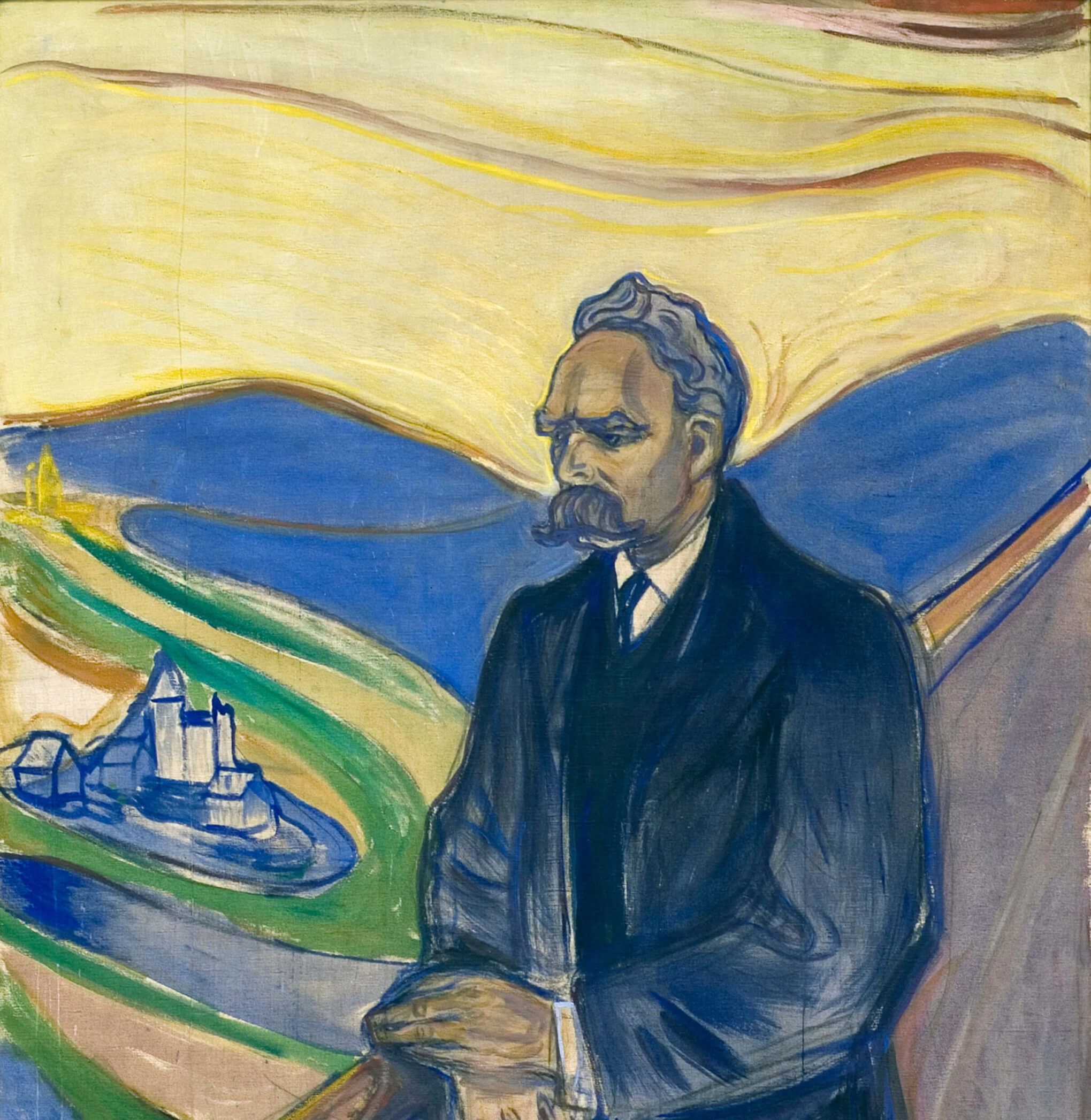 A colorful painting of Friedrich Nietzsche