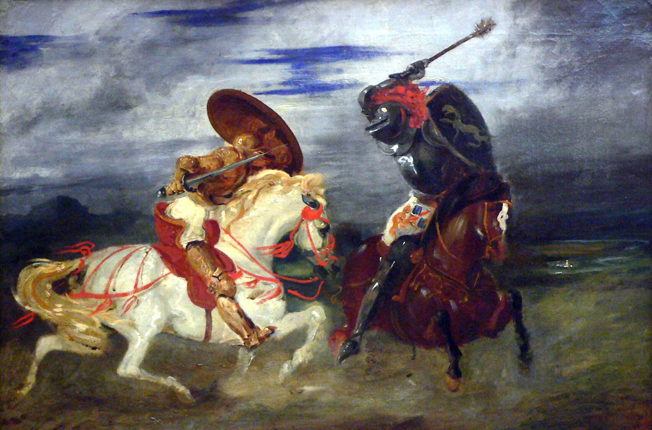 Painting of two knights, one on a white horse and one on a black horse