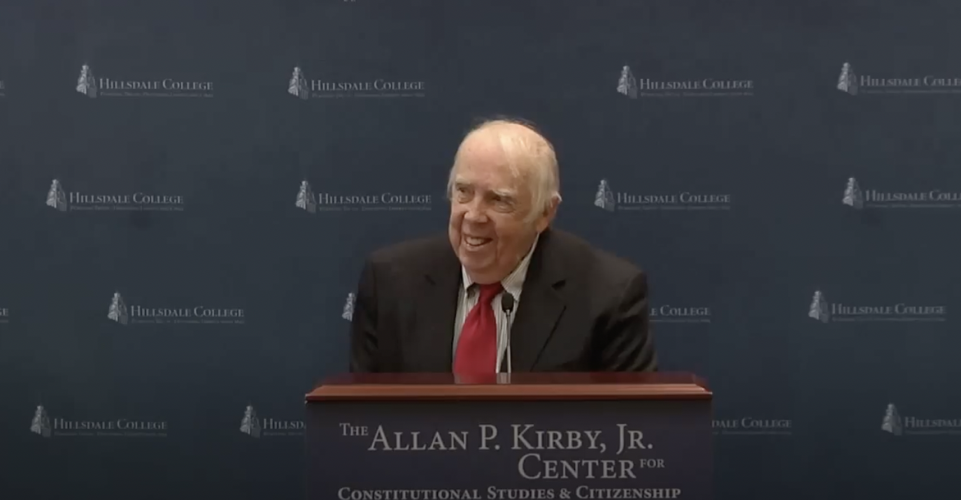 M. Stanton Evans gives a speech at Hillsdale College’s Kirby Center, August 2013 (Hillsdale College/YouTube)